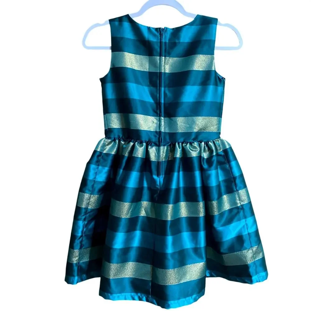 Place Girls Holiday Dress Size 12 Blue Green Stripes Flower Applique Christmas